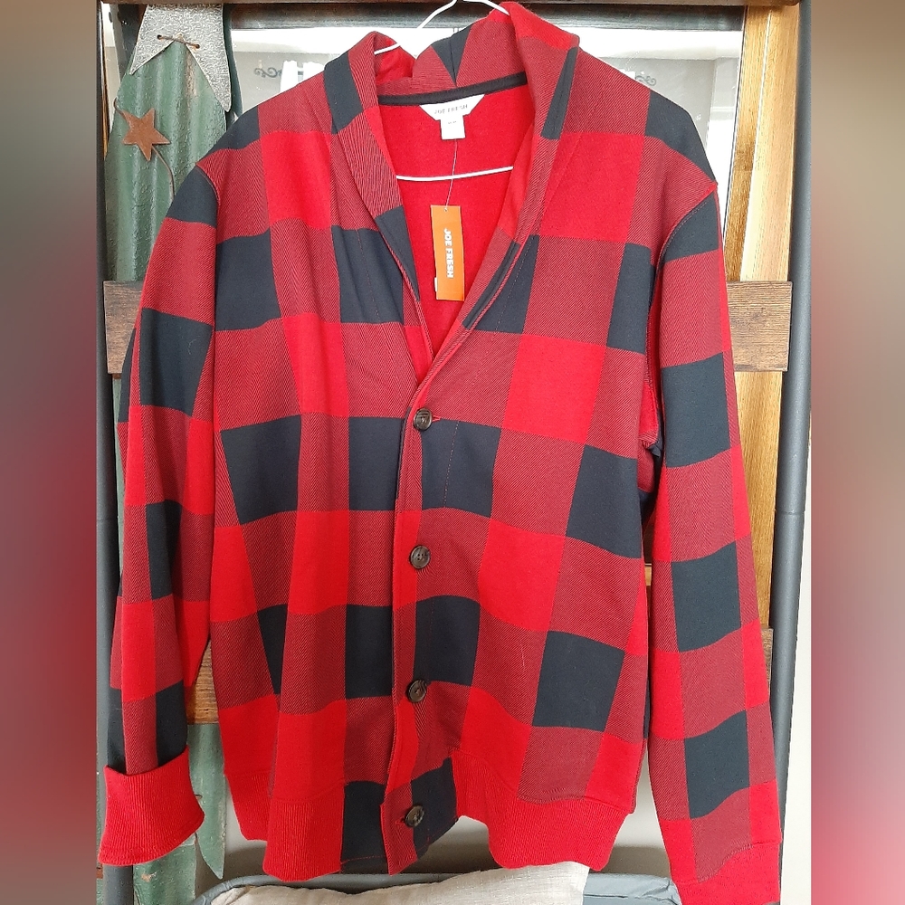 Joe Fres Mens Red and Black buffalo plaid cardigan size Medium